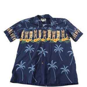 KY'S Hawaii Mens‎ Tiki Statue Palm Tree Hibiscus Cotton Aloha Shirt Navy Blue L